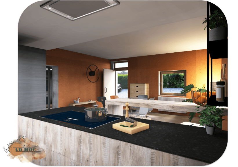 laurence-jaumotte-intérieur's ad hoc-architecte-interieur-charron-cuisine vue ilot central </p>
<h2><b>Une cuisine familiale pensée pour les enfants</b></h2>
<p> <b> </b>Le projet dans son ensemble:<br />
Ce projet concerne plusieurs pièces du rdch en lien les unes avec les autres. À savoir: le hall actuel la cuisine, la salle à manger, le hall des toilettes et la pièce du bout (multifonction)</p>
<p>M&S souhaitent une transformation totale en déposant 1 ou 2 cloisons</p>
<p>OBJECTIF:<br />
- Modifier l’accès de l’entrée<br />
- Récupérer cet espace pour l'intégrer dans la salle à manger afin de recevoir en grand à son aise<br />
- Nouvel agencement cuisine<br />
- Repenser une nouvelle entrée et ses rangements pour une meilleure organisation familiale<br />
- Repenser un espace multifonction dans la pièce du bout: nouvelle salle de bain au rdch, rangements, jeux enfants, home cinéma, coin papote, coin lecture, chambre d’amis, bureau télétravail<br />
- Revoir le rez-de-chaussez comme un espace ouvert avec la possibilité de cloisonner</p>
<p>ZOOM SUR LA CUISINE:<br />
- M & S cuisinent beaucoup et la cuisine est importante pour le vivre ensemble, les enfants participent également.<br />
- Les repas sont pris dans la cuisine et y recevoir est très précieux. Pour M & S avoir une salle à manger qui ne sert que lors des occasions est un non-sens.</p>
<p>PROPOSITION:<br />
- un plan de travail qui respecte les différentes zones: petit électro, évier, zone de préparation et zone de dépose<br />
- sans oublier la cuisson sur un îlot central afin de cuisiner à plusieurs autour de celui-ci<br />
- un coin bar/repas pour faire les devoirs près de papa et maman ou jouer<br />
- des rangements pour la vaisselle quotidienne, peu profond pour faciliter l'ergonomie. Ces rangements sont placés près du lave-vaisselle et côté salle à manger pour une meilleure circulation.<br />
- la cloison du hall d'entrée a été déposée pour agrandir l'espace salle à manger et pour voir recevoir les amis et la famille sans souci.