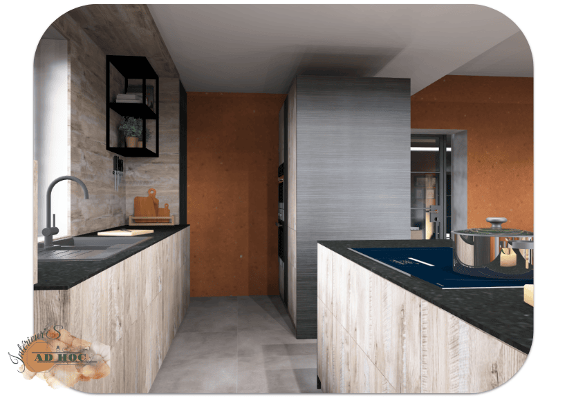 laurence-jaumotte-intérieur's ad hoc-architecte-interieur-charron-cuisine vue interieure </p>
<h2><b>Une cuisine familiale pensée pour les enfants</b></h2>
<p> <b> </b>Le projet dans son ensemble:<br />
Ce projet concerne plusieurs pièces du rdch en lien les unes avec les autres. À savoir: le hall actuel la cuisine, la salle à manger, le hall des toilettes et la pièce du bout (multifonction)</p>
<p>M&S souhaitent une transformation totale en déposant 1 ou 2 cloisons</p>
<p>OBJECTIF:<br />
- Modifier l’accès de l’entrée<br />
- Récupérer cet espace pour l'intégrer dans la salle à manger afin de recevoir en grand à son aise<br />
- Nouvel agencement cuisine<br />
- Repenser une nouvelle entrée et ses rangements pour une meilleure organisation familiale<br />
- Repenser un espace multifonction dans la pièce du bout: nouvelle salle de bain au rdch, rangements, jeux enfants, home cinéma, coin papote, coin lecture, chambre d’amis, bureau télétravail<br />
- Revoir le rez-de-chaussez comme un espace ouvert avec la possibilité de cloisonner</p>
<p>ZOOM SUR LA CUISINE:<br />
- M & S cuisinent beaucoup et la cuisine est importante pour le vivre ensemble, les enfants participent également.<br />
- Les repas sont pris dans la cuisine et y recevoir est très précieux. Pour M & S avoir une salle à manger qui ne sert que lors des occasions est un non-sens.</p>
<p>PROPOSITION:<br />
- un plan de travail qui respecte les différentes zones: petit électro, évier, zone de préparation et zone de dépose<br />
- sans oublier la cuisson sur un îlot central afin de cuisiner à plusieurs autour de celui-ci<br />
- un coin bar/repas pour faire les devoirs près de papa et maman ou jouer<br />
- des rangements pour la vaisselle quotidienne, peu profond pour faciliter l'ergonomie. Ces rangements sont placés près du lave-vaisselle et côté salle à manger pour une meilleure circulation.<br />
- la cloison du hall d'entrée a été déposée pour agrandir l'espace salle à manger et pour voir recevoir les amis et la famille sans souci.